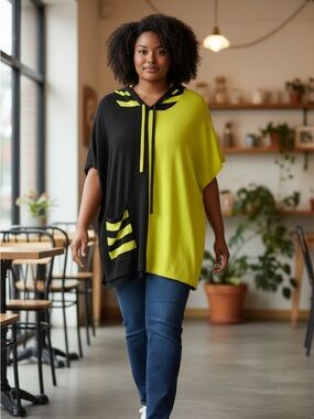 NWT TERRA Colorblock Knit Poncho Hoodie Black Neon Lime XL